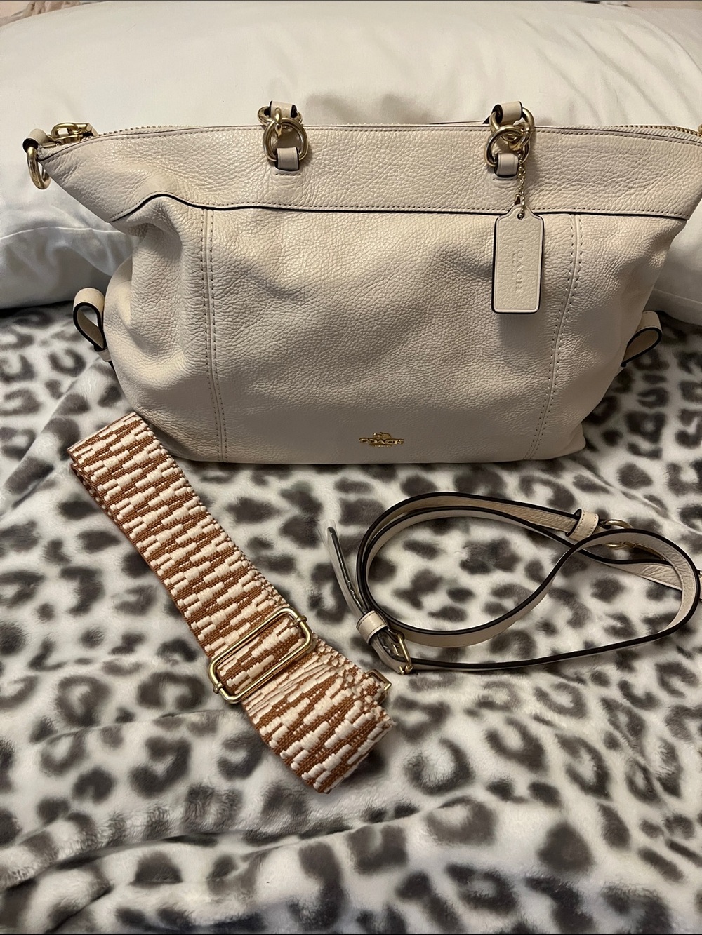 Coach Chalk Pebble Leather Tote with Striped Woven Strap